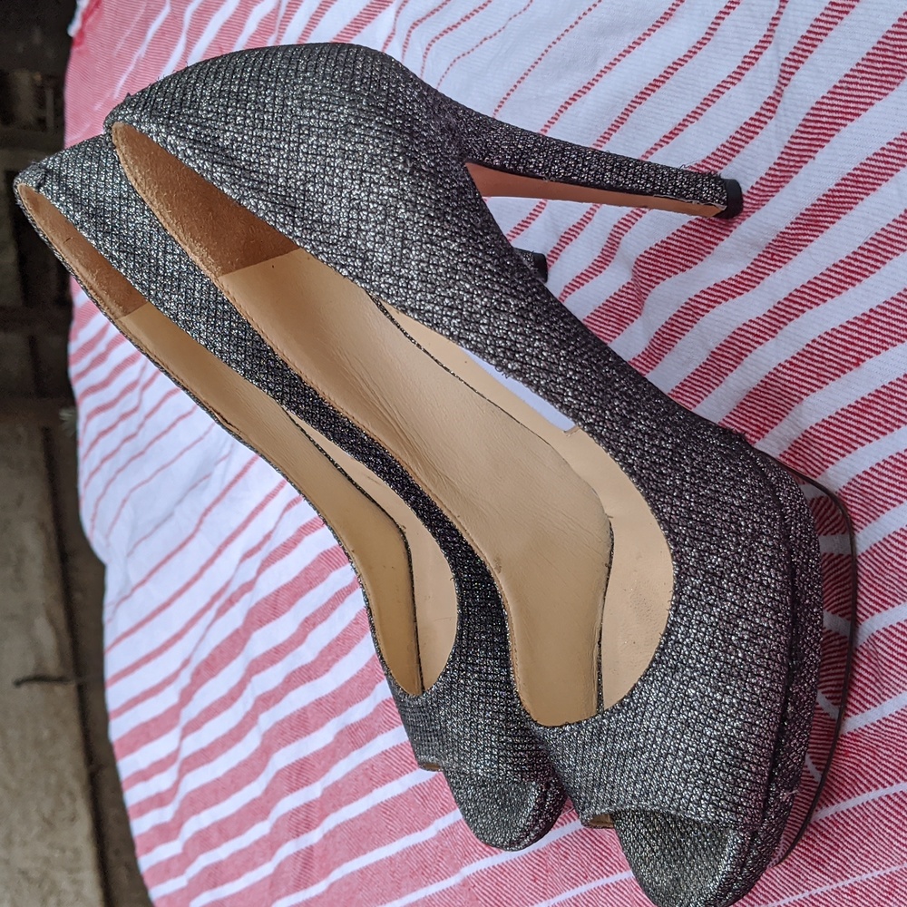Jimmy Choo Silver Glitter Peep-toe Pumps, Size 7.5